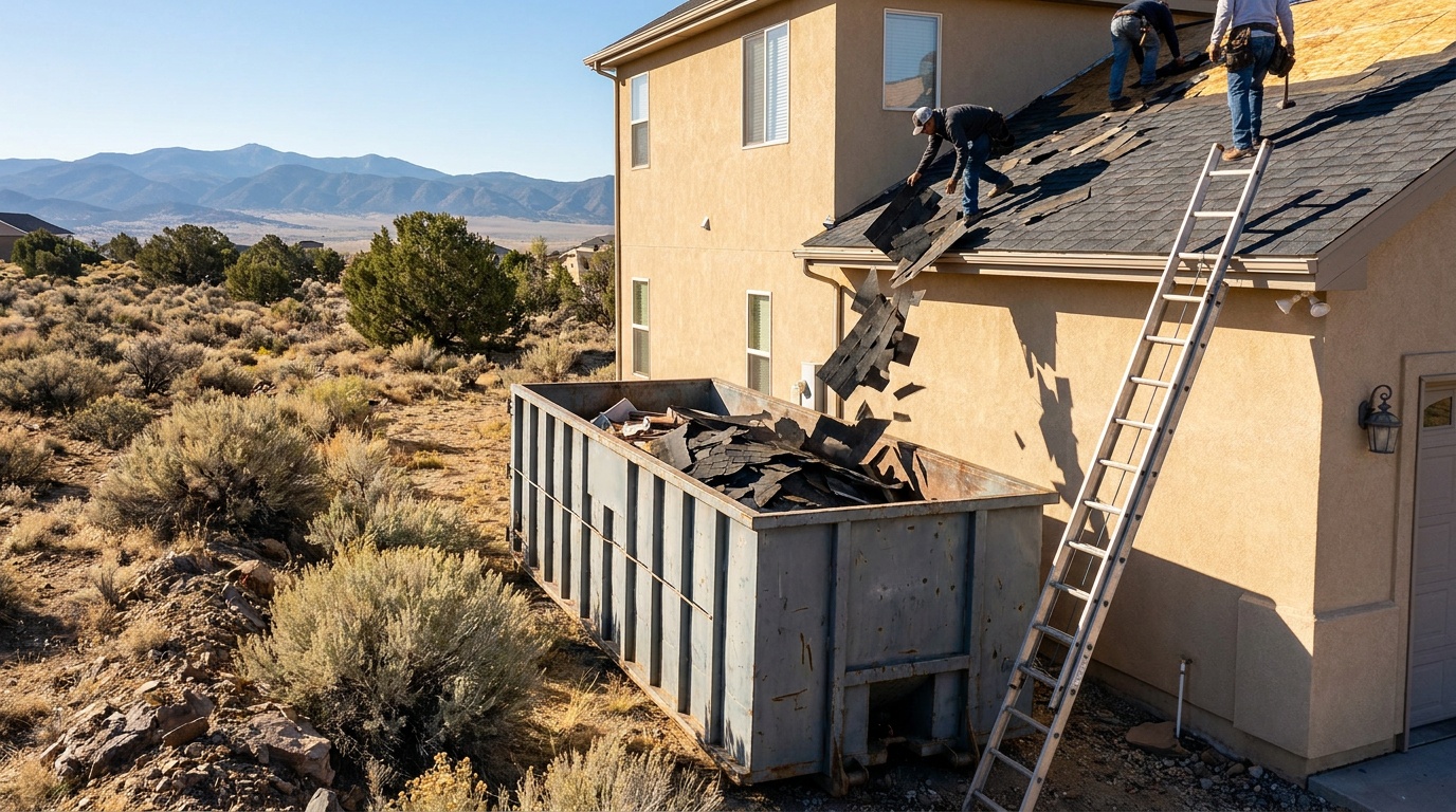 Roofing tear-off dumpster in Chatsworth